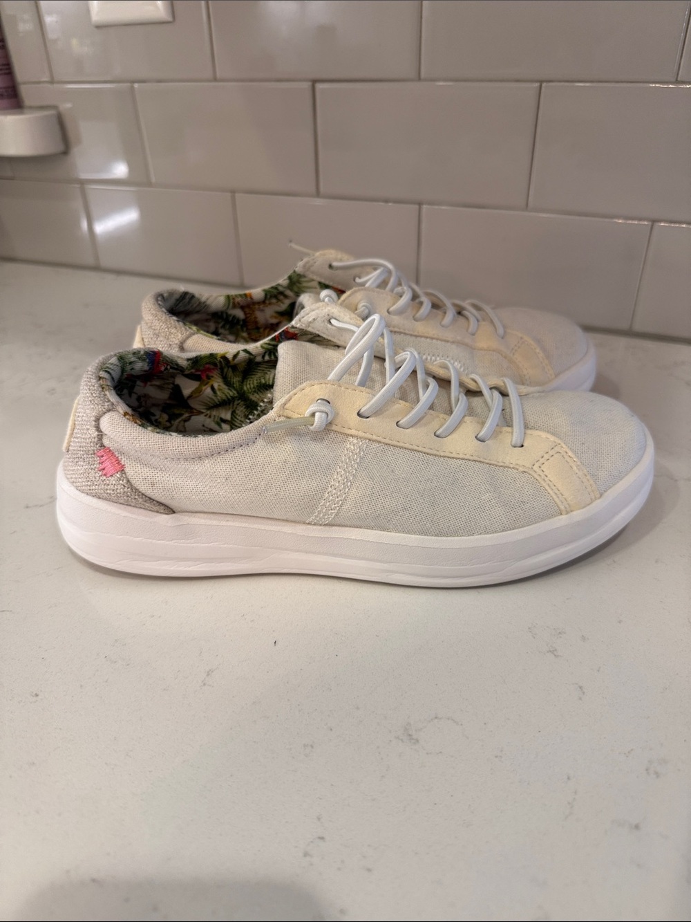 Hey Dude Women's Cream Canvas Sneakers with Tropical Lining